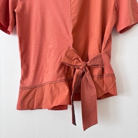 Sandro Paris Node Bow Detail Asymmetric Ruffled Hem T-Shirt in Terracotta Size S - Picture 5 of 9